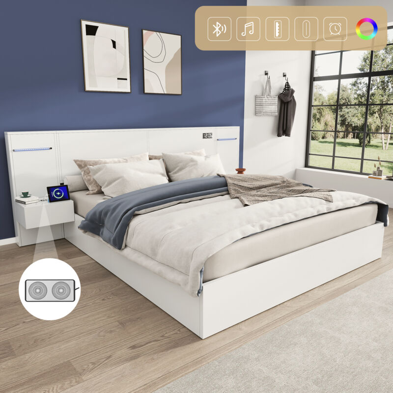 Lit double adulte, tête de lit allongée, avec 2 tables de chevet, USB, LED, sans tiroirs, sans matelas, MDF, 160x200 cm - Blanc