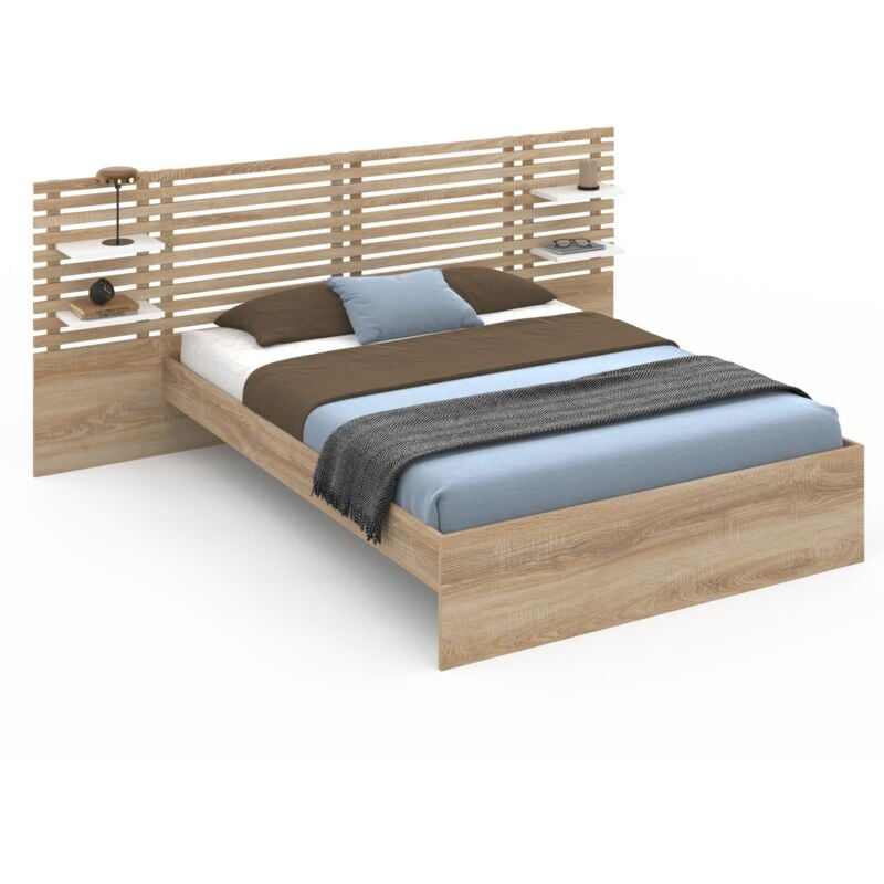 Lit double amalia avec tête de lit, étagères suspendues et sommier 140 x 190 cm hêtre et blanc