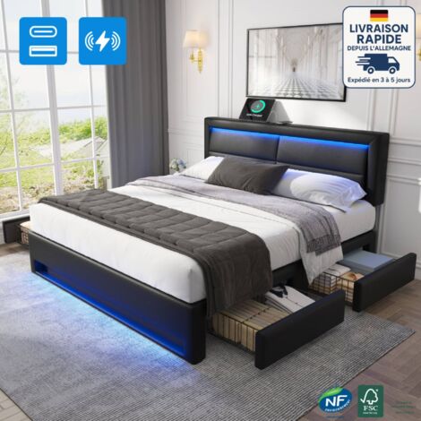 Lit double avec 4 tiroirs 140x190cm, sans matelas, simili cuir, LED lit adulte, sans matelas, noir, USB
