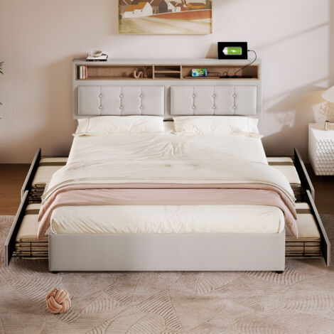 Lit double avec 4 tiroirs et prise USB-C, sommier rembourré 140x200cm, tête de lit réglable en hauteur, sommier à lattes en bois (sans matelas)