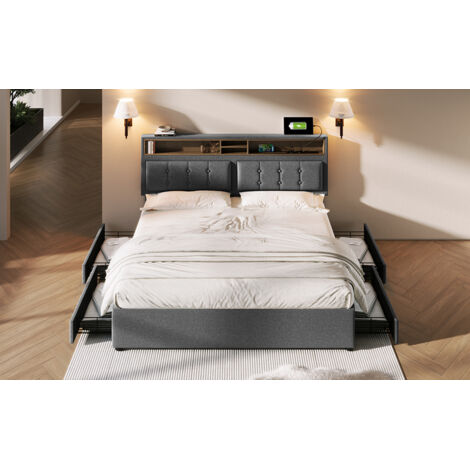 Lit double avec 4 tiroirs et prise USB. Lit berçant de 140x200 cm. Structure du lit réglable en hauteur. Matelas en bois (sans matelas intégré).