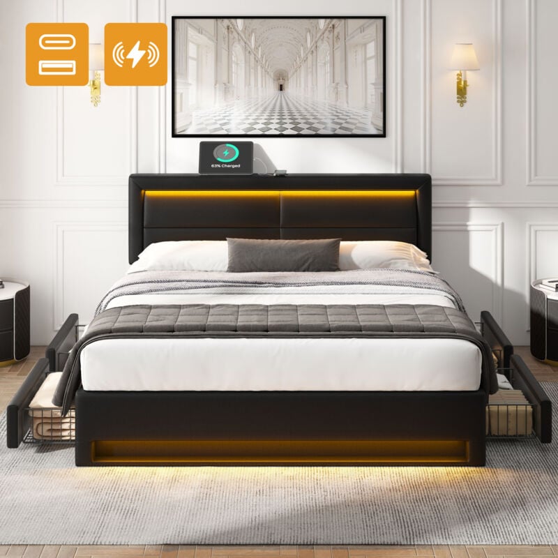 Lit double avec 4 tiroirs, sans matelas, pu, lit double led, noir, 140x200cm