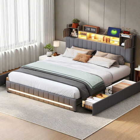 Lit double avec 4 tiroirs–Lit coffre pour adulte 140 x 190– de lit rembourrée avec espace de rangement–Ports USB et Type-C–Bande LED–Lin gris