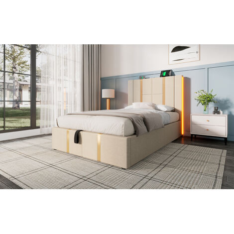 Lit double avec charge USB Type C, commande mobile, LED intégrée. 90×200 cm, structure bois, lattes en lin beige, rangement suffisant (sans matelas).