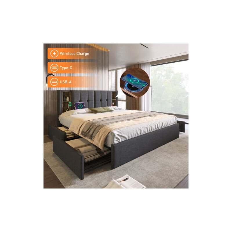 Lit double avec chargement sans fil USB C& 4 tiroirs , Lit rembourré Cadre de lit 160x200cm,Sommier à lattes en bois-gris lin (sans matelas)