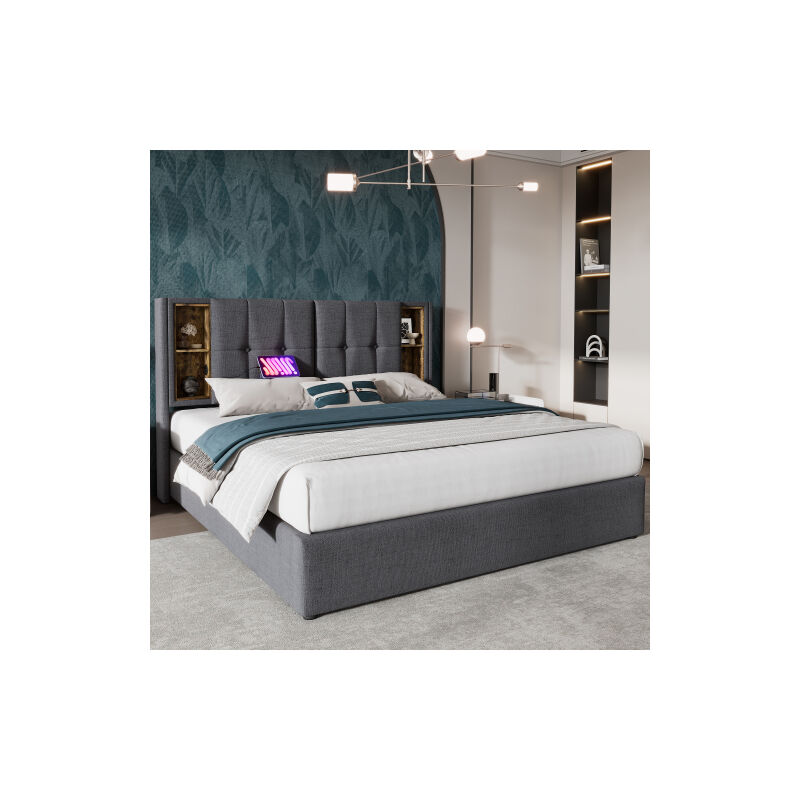 Lit double avec chargement sans fil USB C, Lit rembourré Cadre de lit 140x200cm,Cadre de lit avec espace de rangement Sommier à lattes en bois-gris