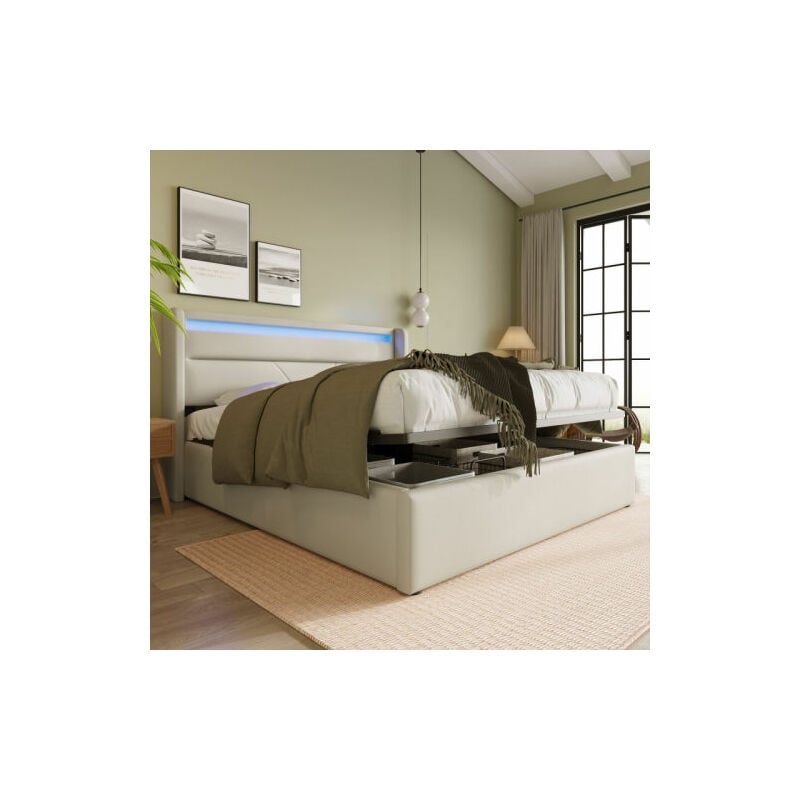 Liberté - Lit double avec coffre de rangement hydraulique et bandeau lumineux led, lit rembourré 140x200cm, blanc