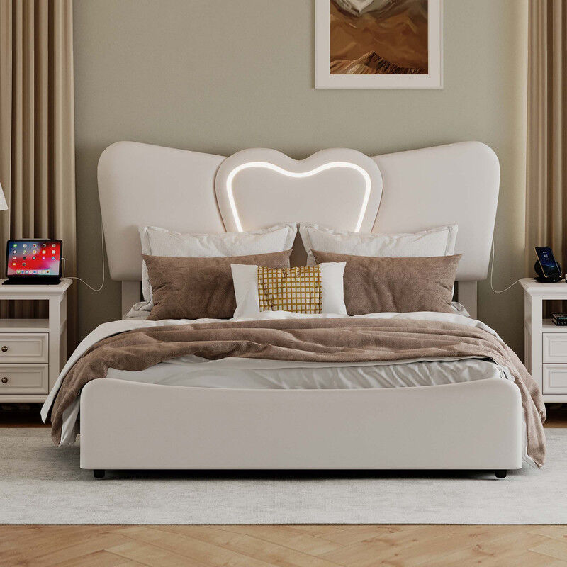 Blanketswarm - Lit Double avec Coffre de Rangement, Lit Adulte Rembourré avec Dossier Moelleux, LIt Coffre 160x200 avec usb, Cadre de liT avec