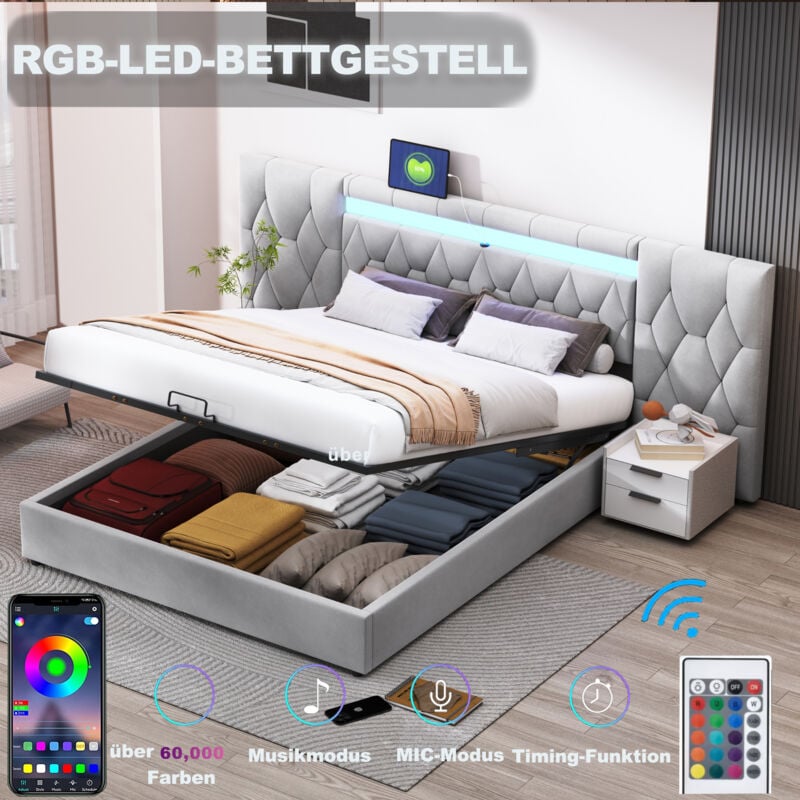 Hauss Spole - Lit coffre 180x200cm, lit adulte double avec tête de lit dossier, led et prise usb, velours, sans matelas, gris