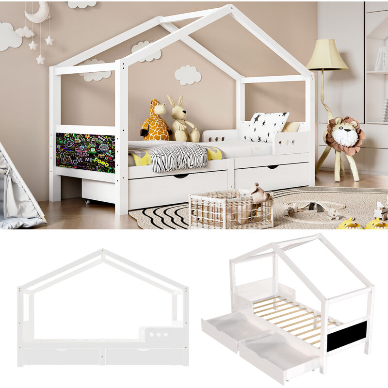 Lit d'enfant Lit d'enfant avec double tiroir, lit d'enfant antichute, sommier à lattes stable, certificat environnemental en pin, lit d'enfant 90 x