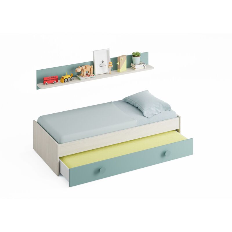Cadre de lit avec deuxième lit gigogne avec commode et étagère murale assortie, coloris blanc imitation bois clair et vert d'eau, 199 x 65 x 95 cm.