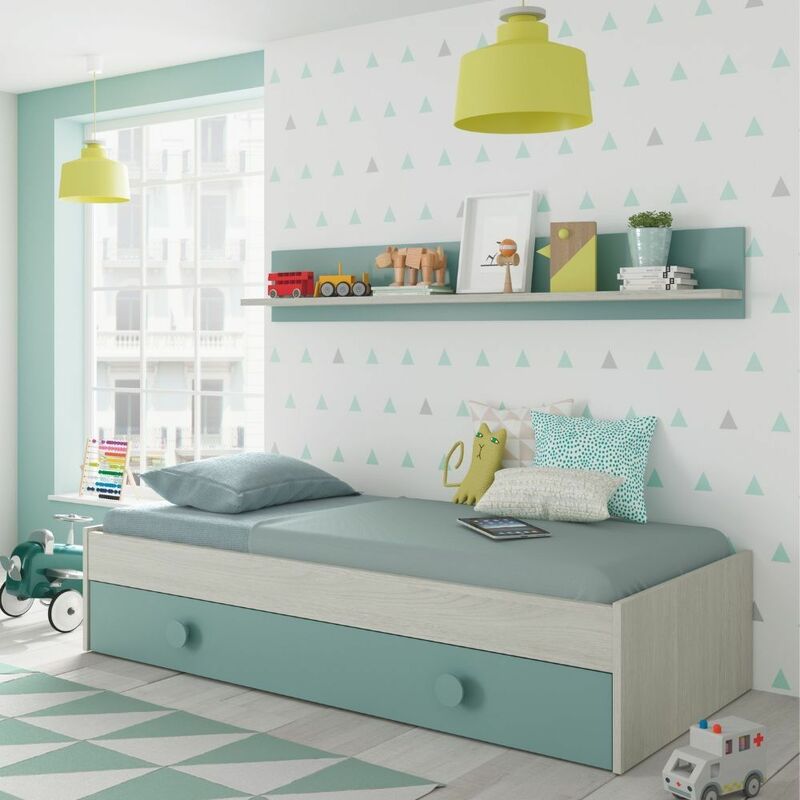 Lit gigogne pour jeunes Snuba blanc 201 cm (largeur) x 43 cm (hauteur) x 98 cm (profondeur) - Blanc Alpes - Vert Aqua