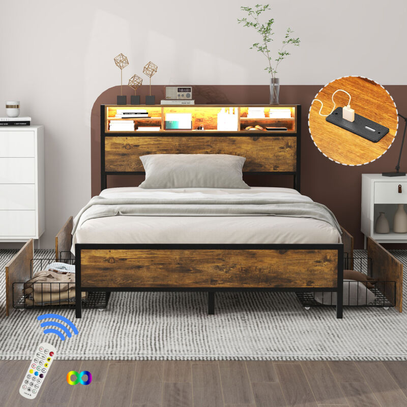 Modernluxe - Lit double avec led et Port de charge usb - 140x200cm - avec 4 tiroirs et sommier en métal - Marron