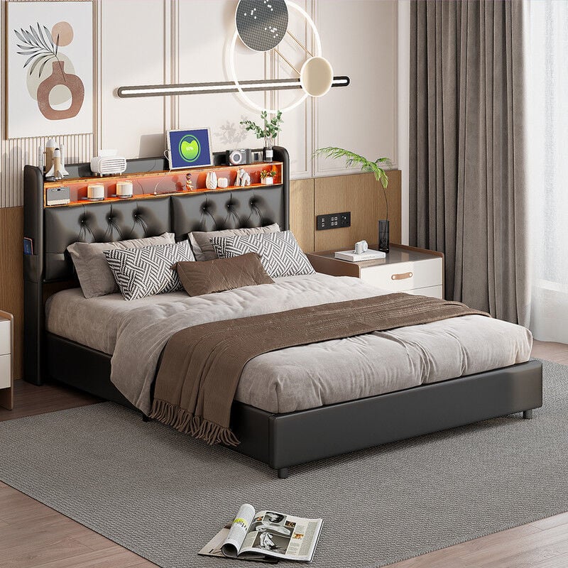 Lit Double avec led et Port usb à Rembourré Tête, pu Noir Lit rembourré avec sommier à Lattes et Espace de Rangement(sans Matelas)