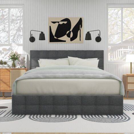 Lit double avec rangement-4 tiroirs-Tête de lit réglable-Sommier lattes-Lin gris-151x210x97-107(cm)-Sans Matelas