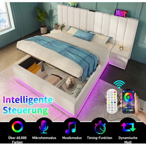 Lit double , avec rangement hydraulique, éclairage LED contrôlé par application et recharge USB-C, pu, blanc-160 × 200