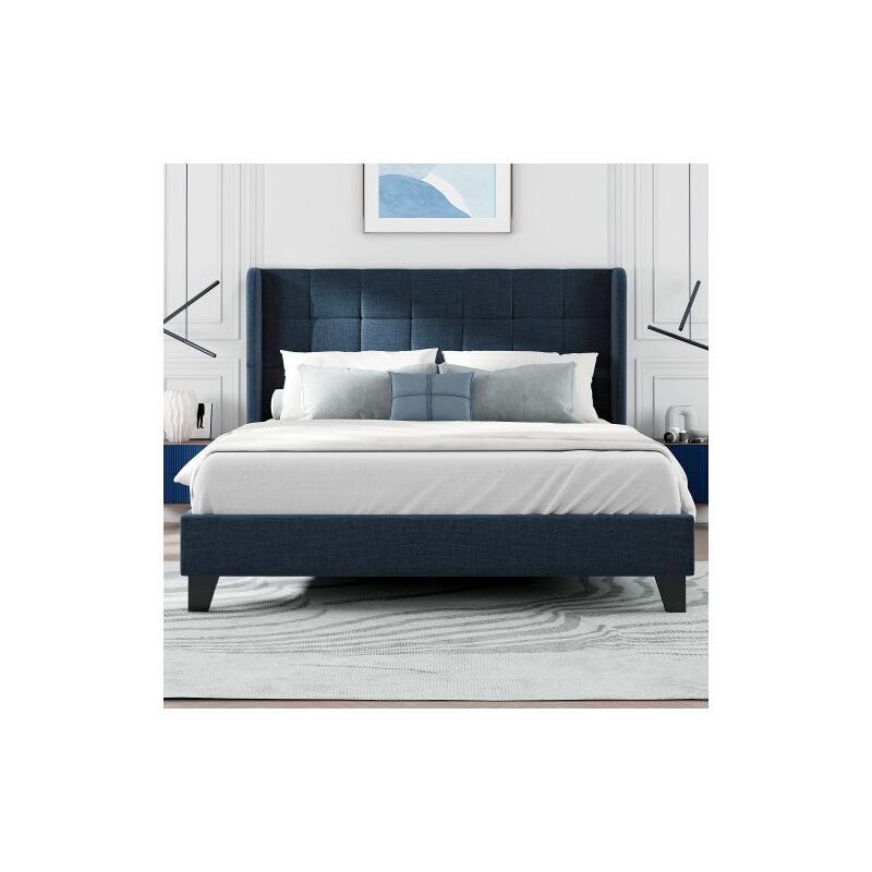 Liberté - Lit double avec sa tête de lit capitonnée et sommier à lattes, 140x200cm, en lin bleu mi-ferme (sans matelas)
