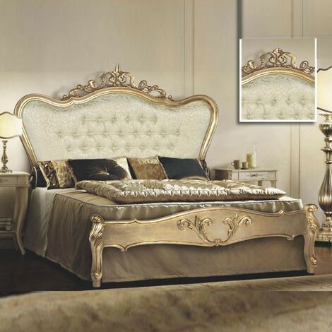 Lit double avec tête de lit baroque et pied de lit en tissu damassé 180x200xh.165 cm