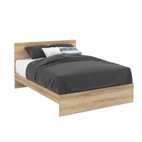Lit double avec tête de lit et sommier OMAHA 140x190 cm effet hêtre - Bois-clair