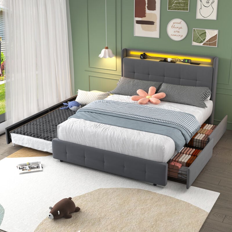 Okwish - Lit double avec tête de lit rechargeable usb, lit gigogne, lit rembourré avec éclairage led et 2 tiroirs, cadre de lit coffre 160x200 cm,