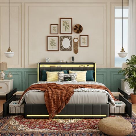 Lit double avec tiroir 140x190, lit adulte tissu lin – Tête de Lit LED et USB, sommier à lattes, scandinave – Gris
