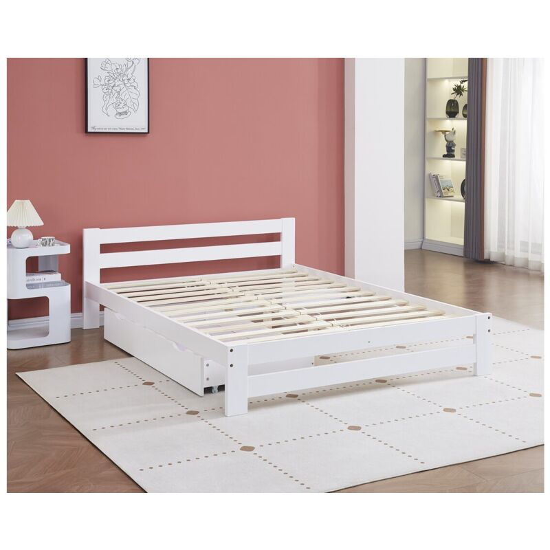 Habitat Et Jardin - Lit double avec tiroir en bois 'Lola' - 140 x 190 cm - Blanc