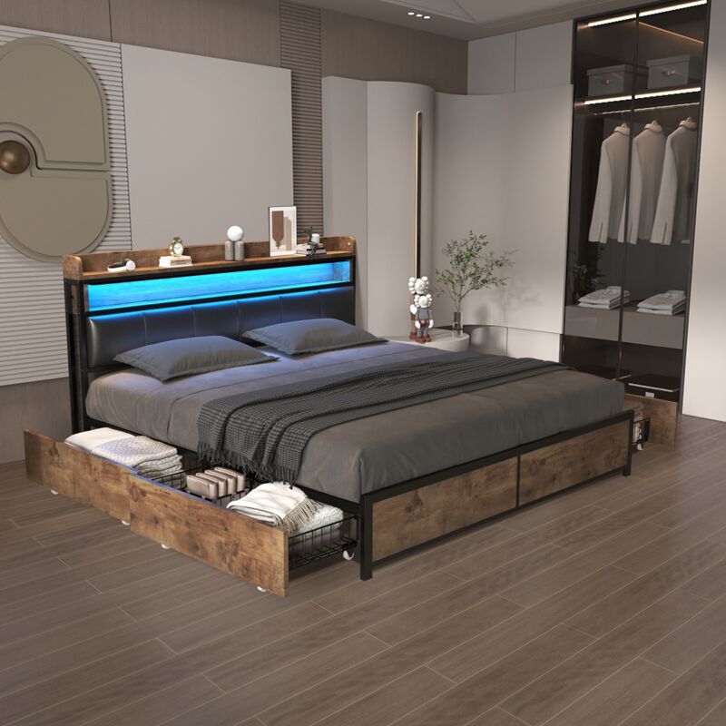 Lit double avec tiroirs 180x200 cm, avec tête de lit éclairée led, cloisons de rangement au niveau de la tête de lit, avec 4 tiroirs, avec sommier à
