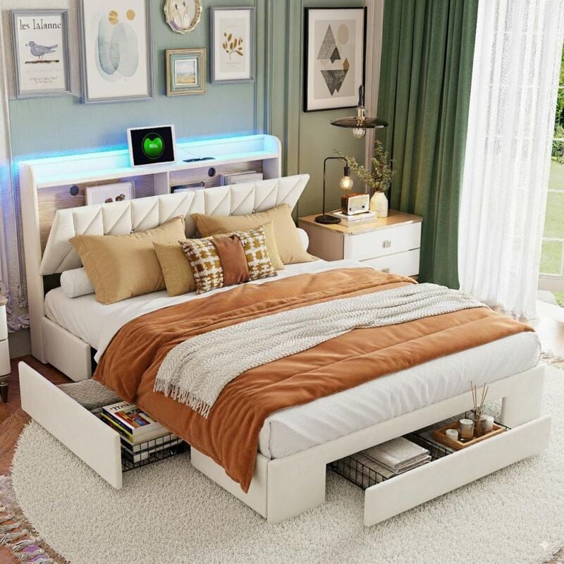 Lit 160x200 cm, lit double, avec 3 tiroirs en fer, éclairage led, fonction de charge usb + type-C, sommier à lattes, convient aux adultes et aux