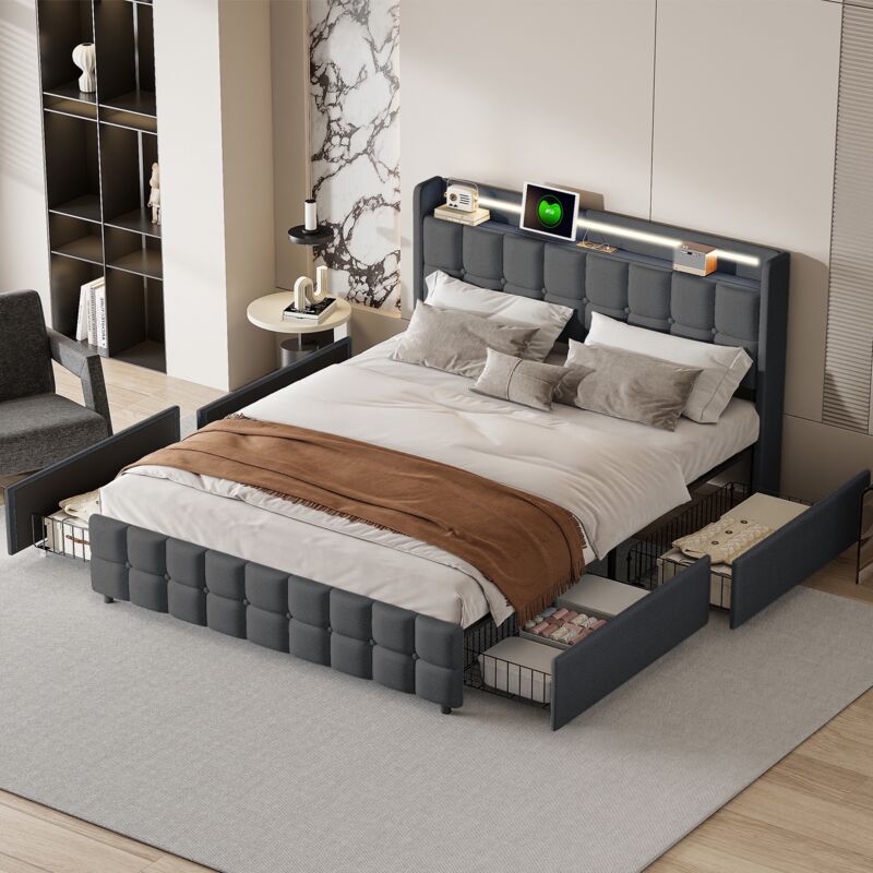 Lit double avec tiroirs 160x200 cm, chargement usb, tête de lit éclairée led, avec 4 tiroirs, linge, sommier à lattes, adapté aux adultes et
