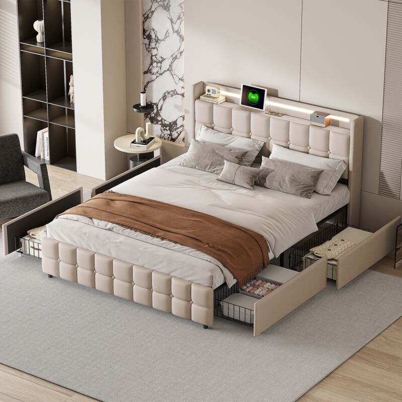 Lit double avec tiroirs 180x200 cm, chargement usb, tête de lit éclairée led, avec 4 tiroirs, linge, sommier à lattes, adapté aux adultes et