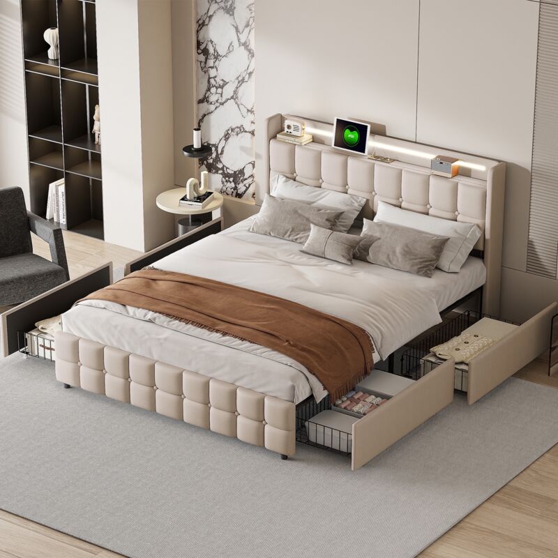 Lit double avec tiroirs 160x190 cm, chargement usb, tête de lit éclairée led, avec 4 tiroirs, linge, sommier à lattes, adapté aux adultes et