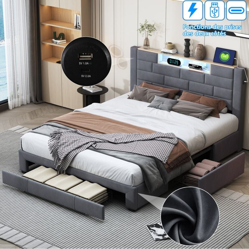 Lit double capitonné 140x200 cm, avec 3 tiroirs de rangement, éclairage led, port usb 2 en 1 + Type-C, sommier à lattes en bois, velours - Gris