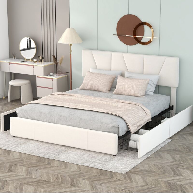 Lit 160x200 cm, avec 4 tiroirs, tête de lit relevable, velours, sommier à lattes, structure métal, convient aux adultes et adolescents - Blanc