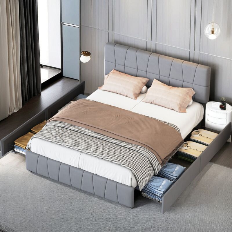 Sureh - Lit double avec tiroirs 160x200 cm, Lit Capitonné avec sommier à lattes, lit adulte, velours, gris