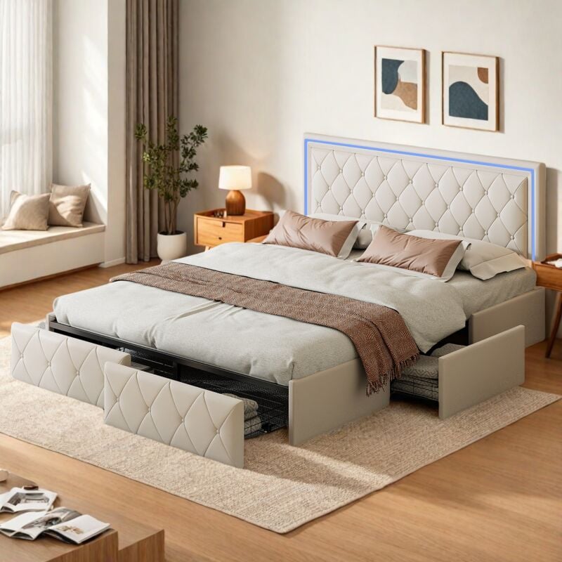 Lit double 160x200 cm, avec 4 tiroirs en fer, bande lumineuse led, sommier à lattes, cadre en métal, pu, convient aux adultes et aux adolescents