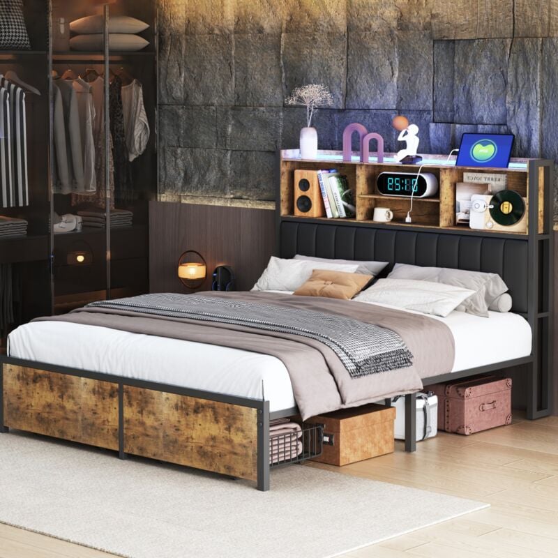Lit 160x200 cm, 2 tiroirs en pied de lit, éclairage led, fonction de charge usb, cloisons ouvertes, sommier à lattes, style industriel vintage - Noyer