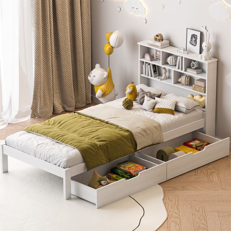 Lit simple avec tiroirs 90x200 cm, avec deux grands tiroirs, sommier à lattes, cadre de lit en bois, adapté aux enfants et adolescents - Blanc