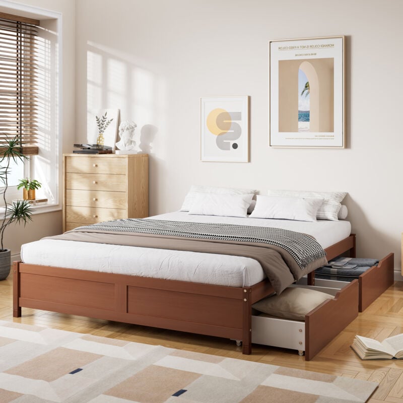 Lit double avec tiroirs pour adultes 140x200cm, 2 tiroirs sur roulettes, sommier à lattes, sans tête de lit, bois + mdf, sans matelas, rouge-brun