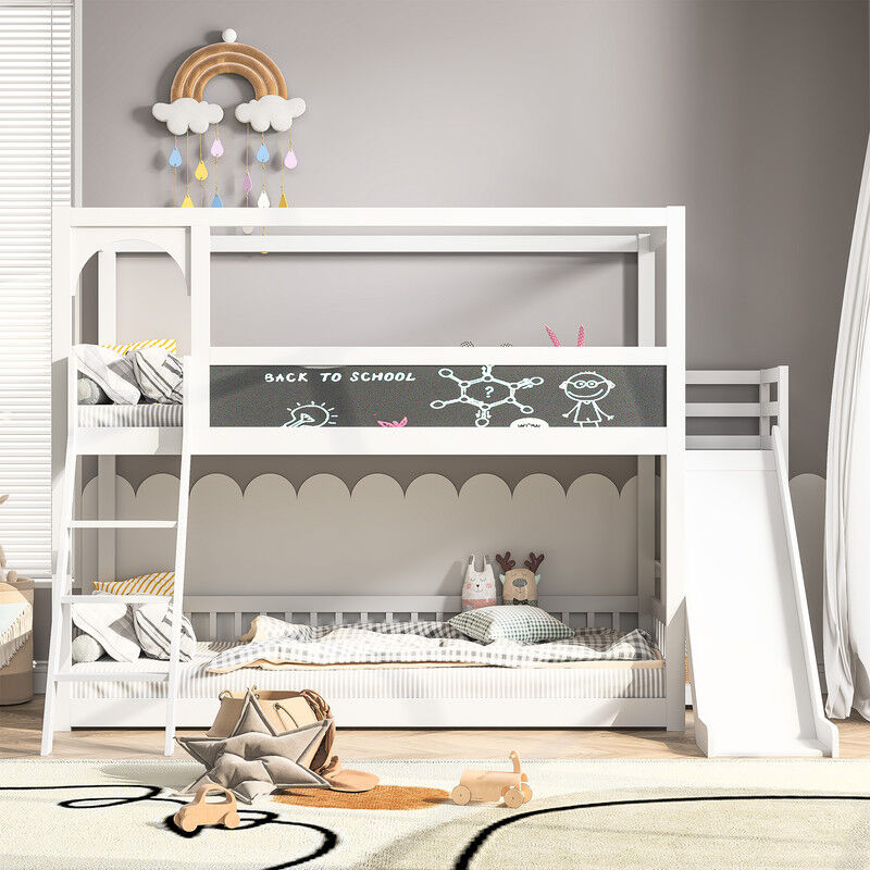 Lit double avec toboggan, lit bas en mezzanine avec escalier, lit double en bois sur deux lits, lits superposés en bois massif avec échelle et