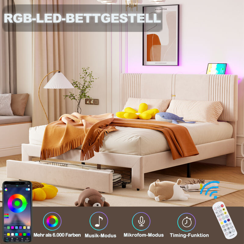 Lit double, bande lumineuse, prise usb, tiroirs de rangement, velours, lit adulte/ado, sans matelas, 160 x 200 cm beige