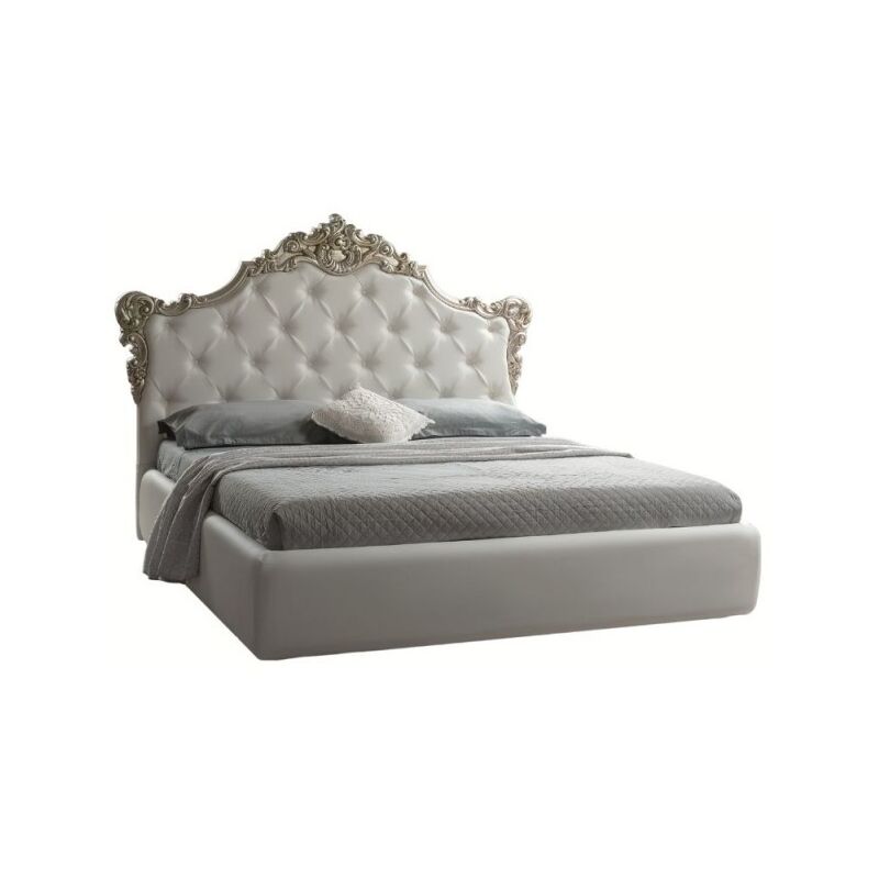 Webmarketpoint - Lit double baroque avec conteneur en éco-cuir savoia Blanc Argent 194x209x h 140 cm