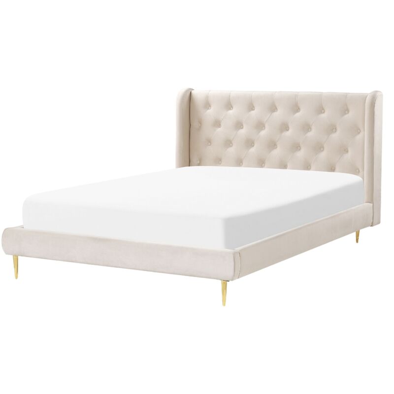 Beliani - Lit Double Beige en Velours 140 x 200 cm avec Tête de Lit Capitonnée Glam Forbach