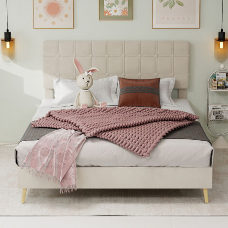 Lit double beige foncé tête de lit souple,format 140×200cm. Idéal pour petite chambre principale et chambre d’appoint.