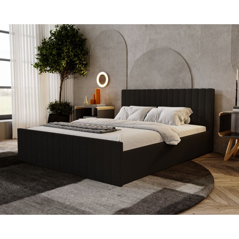 Emporius - Lit double 180x200 Billo Slim - Tissu bouclé, glamour, élégant, lit adulte avec sommier à lattes, coffre de lit - Noir (Anthology 19)