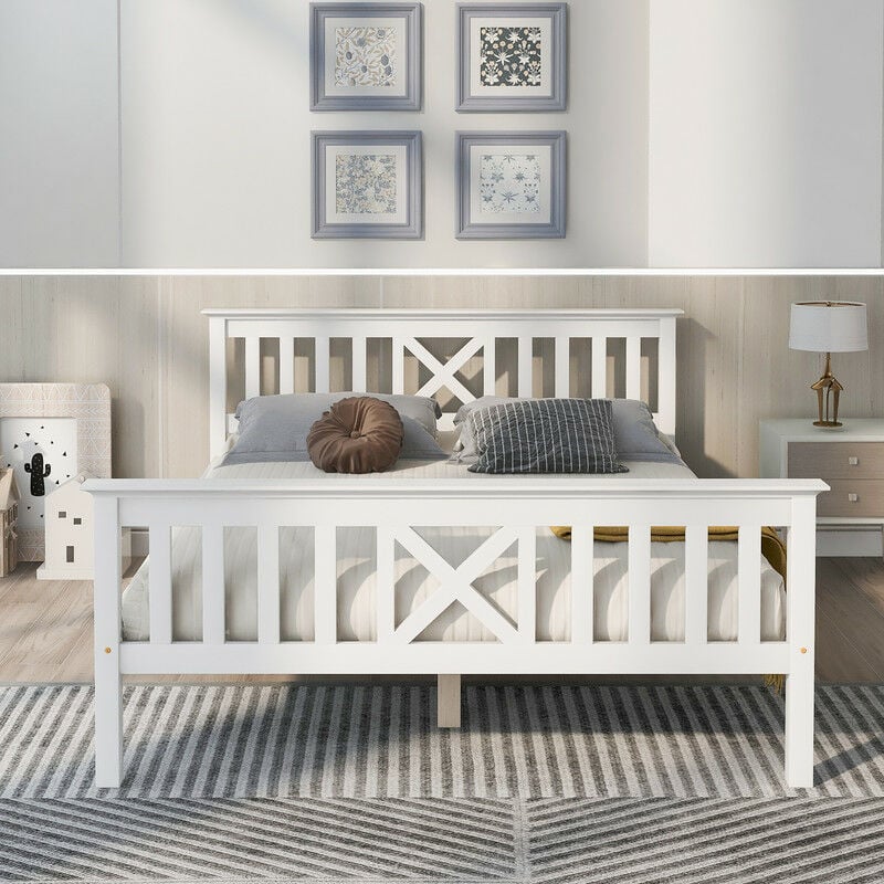 Lit double blanc composé d'un lit en bois avec sommier à lattes et tête de lit - 140 x 200 cm Lit enfant en bois massif, pin blanc massif