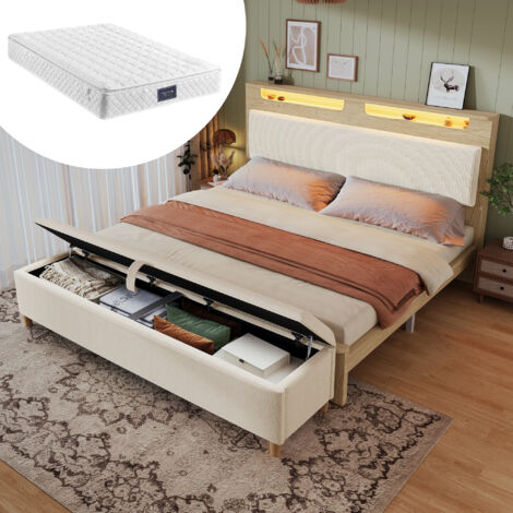 Lit double bois 160×200cm chêne clair,banc rangement,tête rangement,LED,dossier velours,avec matelas