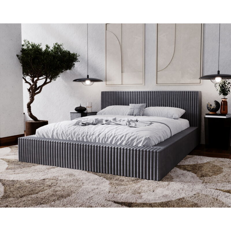 Lit double 140x200 Buffy - Cadre de lit avec sommier à Lattes - Style, Design Lit rembourré - Gris foncé (Vito 18)