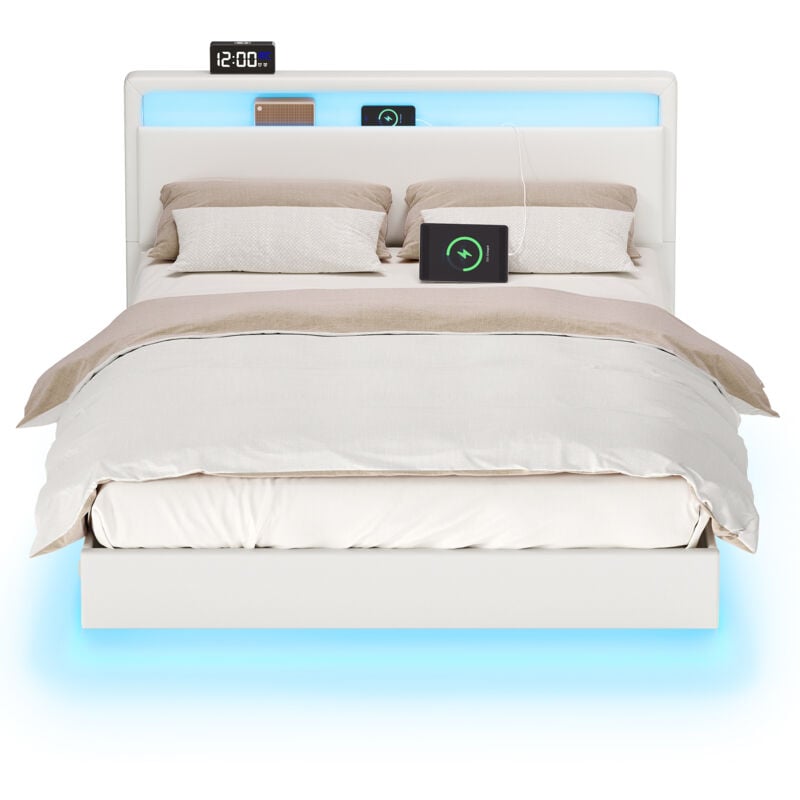 Lit Double, Cadre de Lit, 140 x 190 cm, Lit Flottant, Lit avec Éclairage led, Tête de Lit Haute, Multiprise, Style Moderne, Blanc Nuage