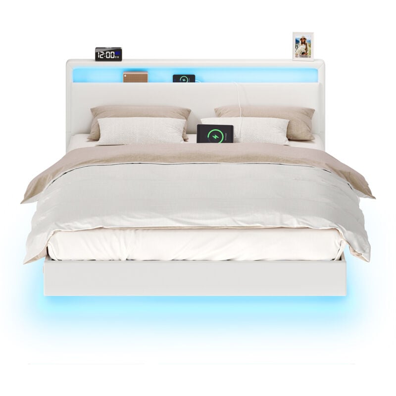 Vasagle - Lit Double, Cadre de Lit, 160 x 200 cm, Lit Flottant, Lit avec Éclairage led, Tête de Lit Haute, Multiprise, Style Moderne, Blanc Nuage