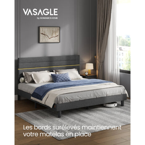 Lit Double, Cadre de Lit, Convient pour un Matelas de 180 x 200 cm, Tête de Lit Rembourrée Ajustable, en Métal, Bois Massif, Moderne, Gris Ardoise